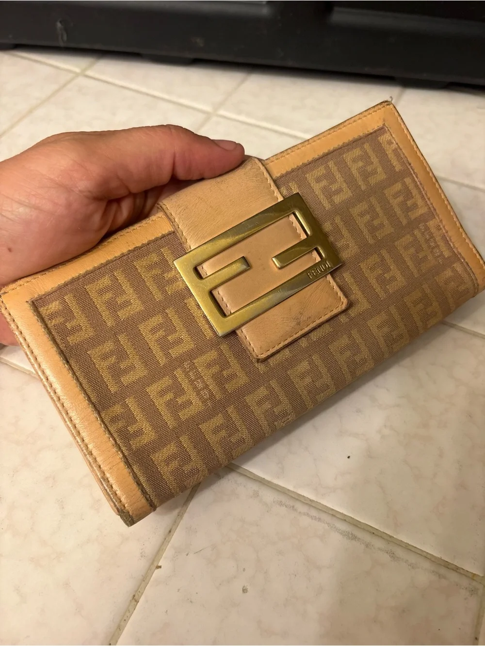Fendi Tan Brown Zucca Continental Wallet with Gold-Tone FF Plaque